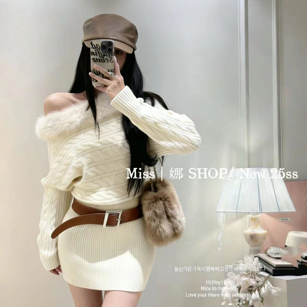 2025秋冬季大码胖妹妹纯色百搭毛毛一字肩套头毛领毛衣包臀连衣裙