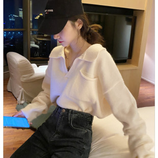 大码胖mm秋冬季绵羊绒Polo领毛衣女胖妹妹慵懒短款套头v领针织衫