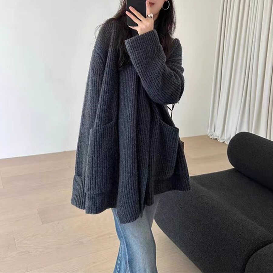 大码气质感中长款毛衣外套女秋冬季胖妹妹加厚宽松针织衫外穿上衣