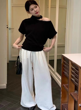 大码时尚百搭挂脖斜肩短袖T恤女夏季胖妹妹设计收腰显瘦漏肩上衣