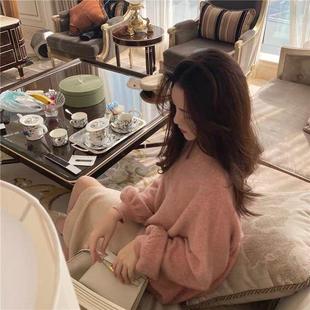 时尚 胖妹妹套头短款 大码 V领毛衣秋冬季 上衣 宽松慵懒灯笼袖 针织衫