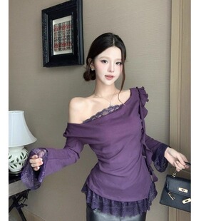 大码纯欲露肩蕾丝边飘带长袖T恤女秋冬季胖妹妹性感显瘦紫色上衣