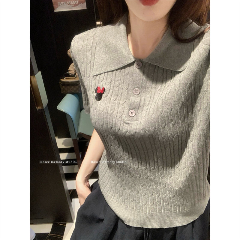 2026夏季大码胖妹妹正肩麻花纹学院风polo领刺绣针织短袖薄款上衣