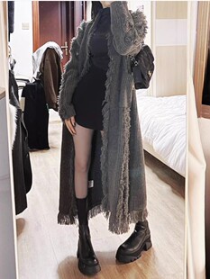 大码时尚软糯慵懒风宽松毛衣外套秋冬胖妹妹长款别致流苏针织开衫