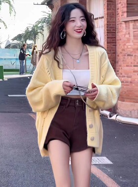 2023秋季新款针织软糯开衫奶黄色慵懒奶乎乎v领毛衣秋冬女百搭