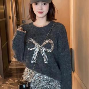 大码 胖妹妹慵懒软糯毛衣 韩系甜美风亮片蝴蝶结套头针织衫 女秋冬季