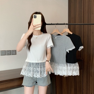 2025夏季 胖妹妹减龄蕾丝花边下摆设计感T恤百搭显瘦上衣 新款 大码