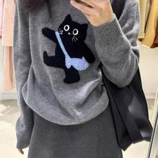 大码 上衣 猫咪刺绣软糯奶套头毛衣女秋冬季 胖妹妹慵懒风内搭针织衫