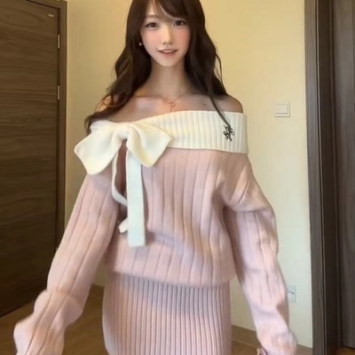 针织一字肩打底短款连衣裙