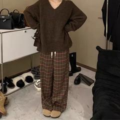 大码v领套头咖色毛衣秋冬季胖mm高级慵懒风宽松中长款针织衫上衣