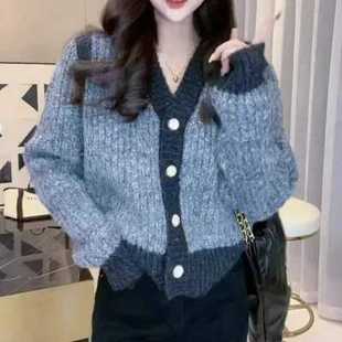 上衣 大码 女针织开衫 外套秋冬胖妹妹慵懒风V领小个子毛衣长袖 短款