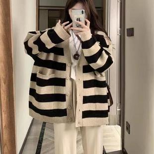 女装 胖mm复古中长款 大码 慵懒风条纹毛衣外套女秋冬季 长袖 针织开衫