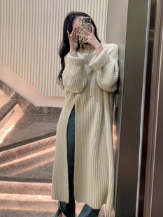 大码韩系慵懒风毛衣裙女秋冬外穿胖mm宽松侧开叉过膝中长款针织裙