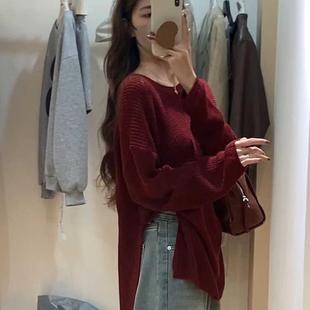 复古港风酒红色毛衣女2024秋冬胖mm软糯慵懒风开叉针织衫 大码 上衣