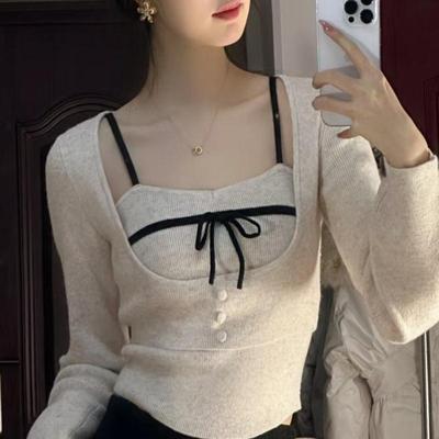 大码纯欲秋冬季短款针织衫方领