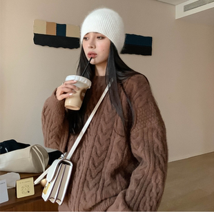 大码复古套头毛衣外套女秋冬季胖妹妹外穿宽松慵懒风软糯针织上衣