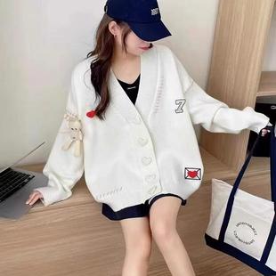 大码 女毛衣外套 胖mm2024秋冬季 设计感可爱兔子爱心明线撞色针织衫