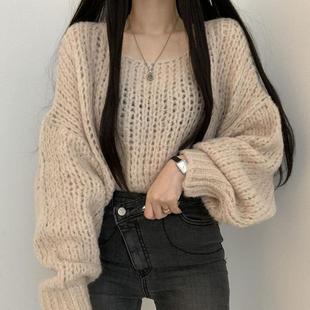 2024秋冬季 针织套头毛衣外套 大码 胖妹妹慵懒风V领百搭纯色灯笼袖
