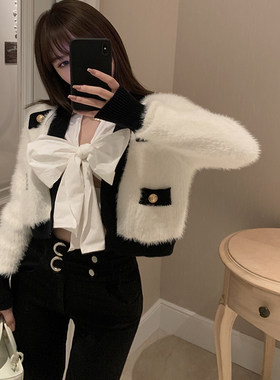 大码水貂绒外衣女秋冬季胖妹妹小香风名媛短款貂毛衣针织开衫外套