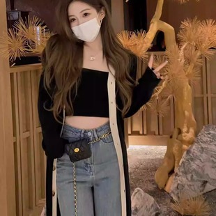 外套 胖妹妹外穿黑色撞色针织开衫 女秋冬季 大码 慵懒赫本风设计长款