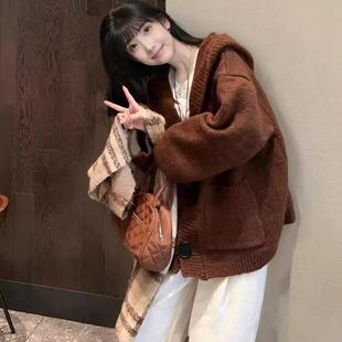 胖妹妹慵懒风显瘦连帽针织开衫 大码 新款 女装 毛衣外套女 2024秋冬季