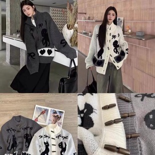 大码 毛衣女 女装 2024秋冬胖妹妹小狗猫咪图案提花复古慵懒针织开衫