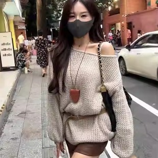 胖妹妹慵懒风长袖 大码 女秋冬季 法式 露肩绝美上衣 一字肩毛衣针织衫
