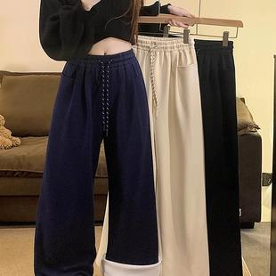 新款 女装 2024秋冬季 胖mm大码 松紧腰加绒加厚保暖休闲长裤 阔腿裤