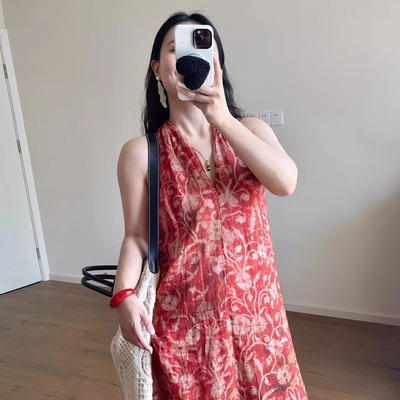【现货】轻奢高级感气质慵懒挂脖大摆印花连衣裙女碎花亚麻裙子