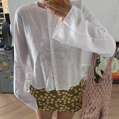 【现货】法式重工米粒植物绣花衬衫亚麻混纺简约时尚宽松飘逸上衣