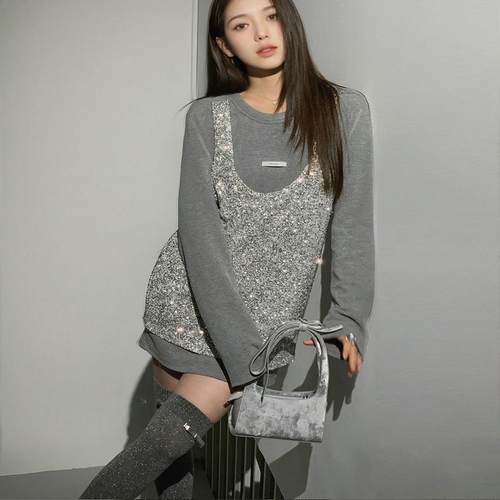 【现货】blingbling迷人眼 奢感重工亮片拼接假两件宽松T恤上衣