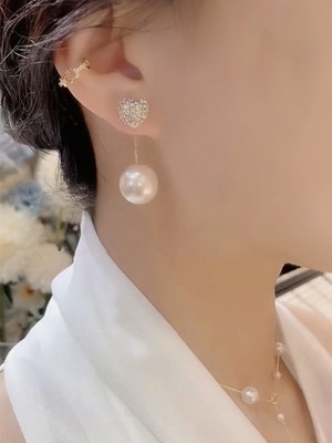 s925银针珍珠镶钻爱心耳饰法式小众高级感两戴耳环显气质少女耳钉