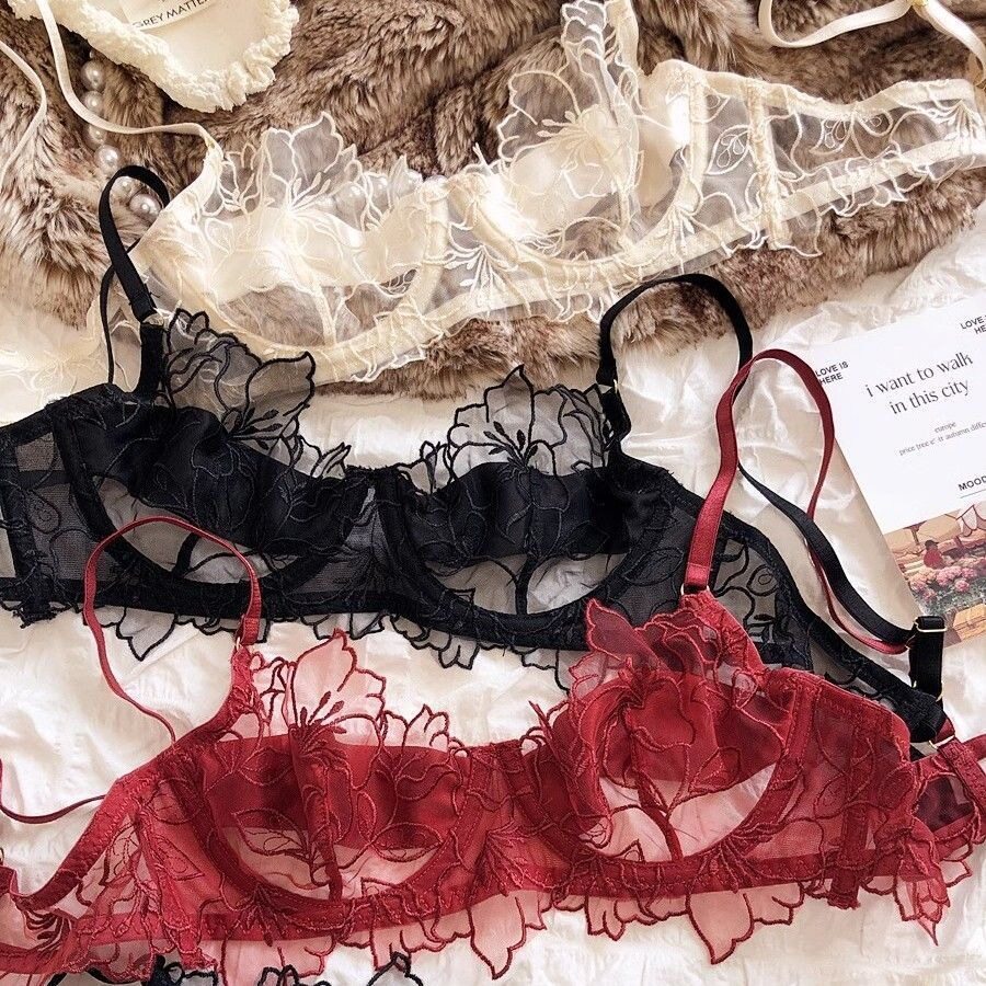 新款性感红色刺绣网纱内衣女微透无海绵大胸显小文胸软钢圈套装薄