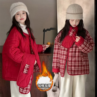 女童冬装短款棉袄2025新款儿童韩系格子两面穿棉服中大童棉衣外套