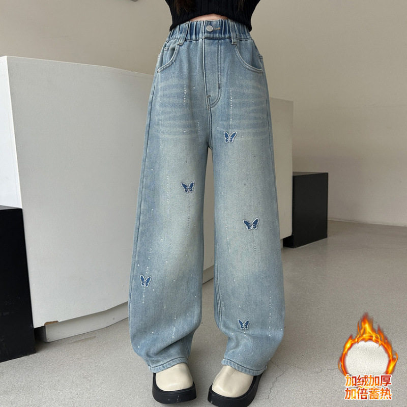女童秋冬2025新款韩系甜美蝴蝶烫钻牛仔裤中大童初中生加绒直筒裤