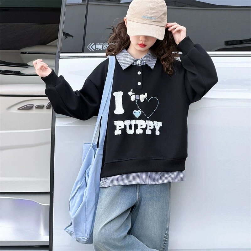 女童翻领卫衣春秋新款儿童长袖上衣初中生女孩大童假两件衣服卫衣