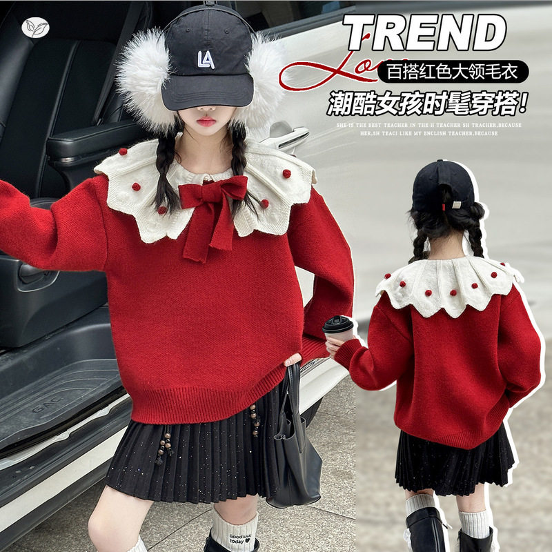 女童秋冬套装2026年新款甜美蝴蝶结针织衫百褶裙两件套中大童洋气