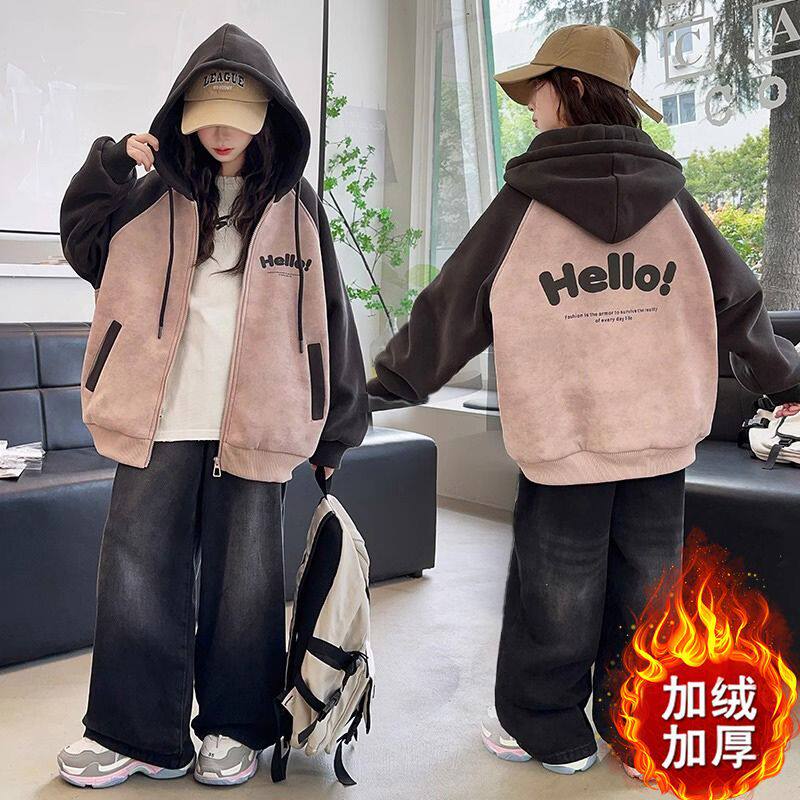 网红女童韩版时髦休闲连帽外套中大童秋冬新款洋气字母插肩上衣潮