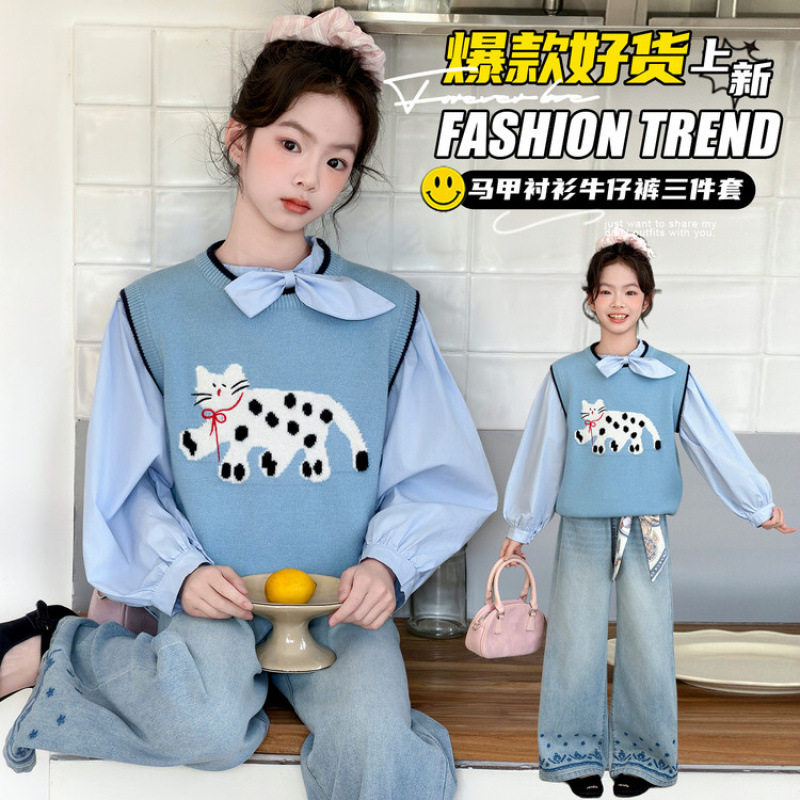 女童毛衣马甲三件套2026新款儿童洋气时髦女大童秋装针织背心套装