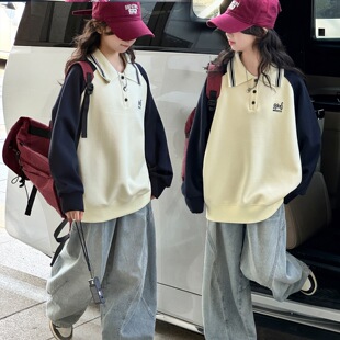 跨境大童女装POLO衫卫衣2026新款儿童撞色拼接中大童插肩袖打底衫