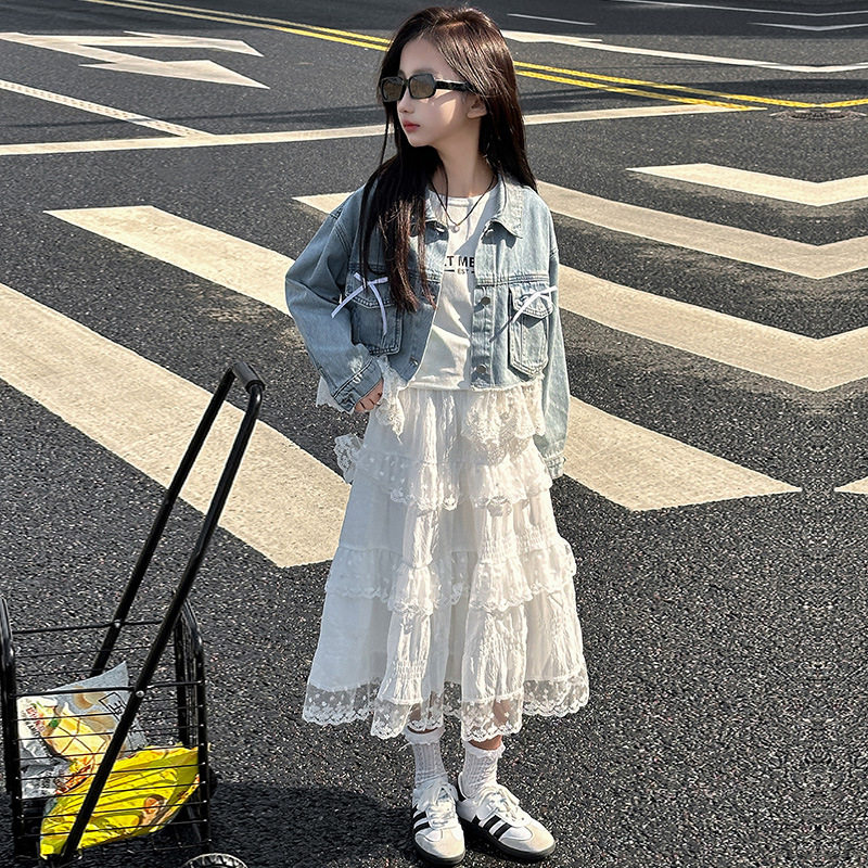 女童蕾丝花边牛仔外套2026春装新款洋气中大童韩系时髦翻领上衣潮
