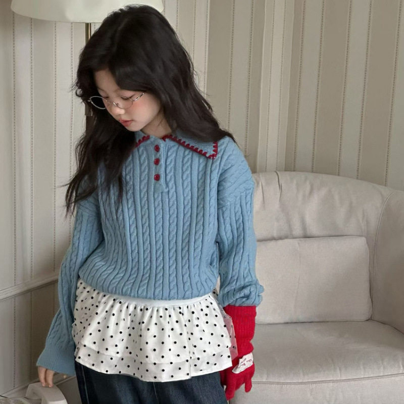 女童撞色翻领毛衣秋冬2025新款儿童韩系洋气软糯宽松针织衫上衣潮