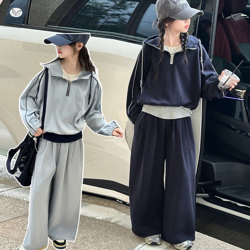 女童2026春季新款高品质面料两件半拉链连帽卫衣休闲裤学生运动裤