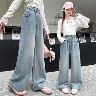 女童2026春季新款爱心烫钻阔腿裤中大童韩版牛仔裤显瘦学生直筒裤