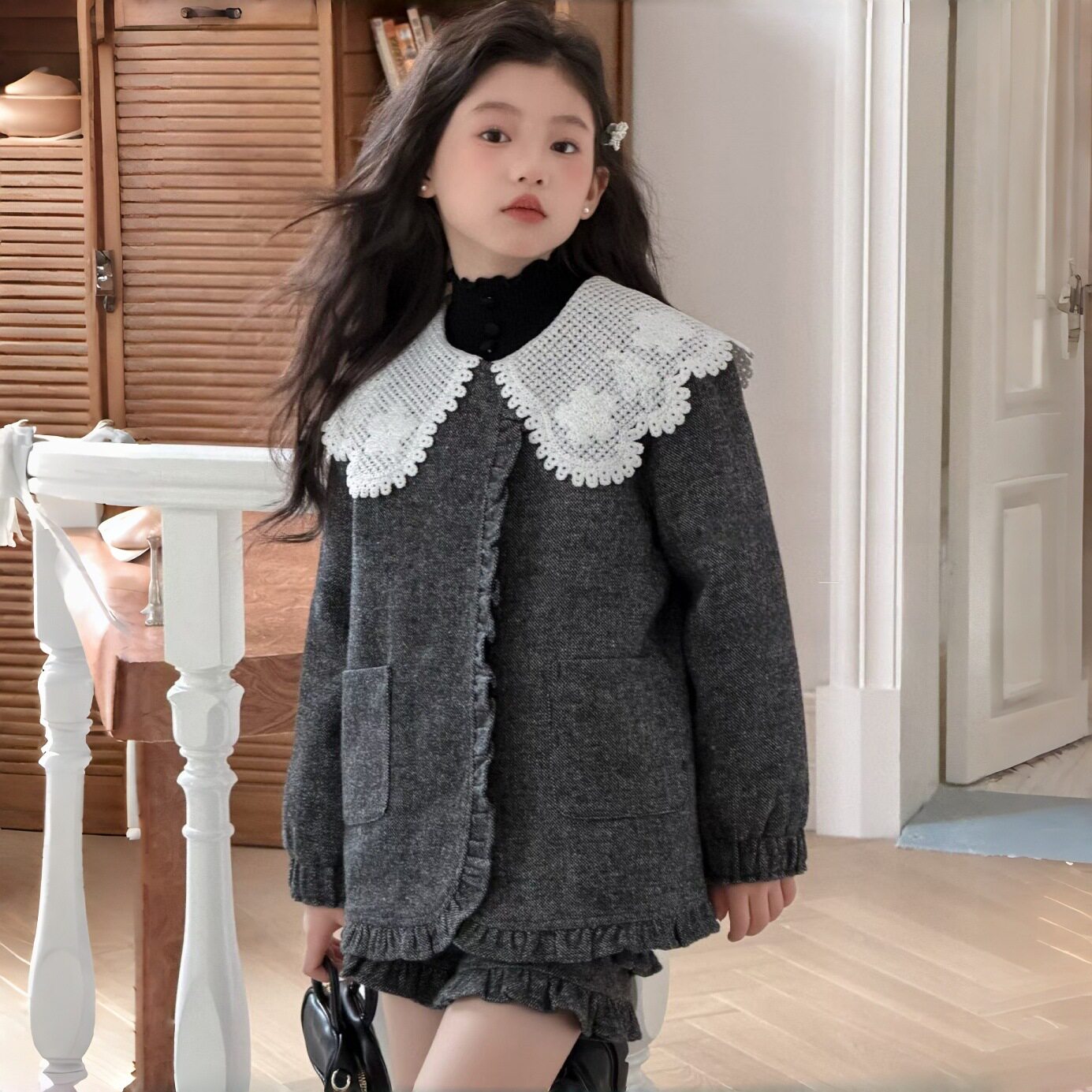 2026春秋季女童小香风大翻领加棉外套短裤休闲时尚两件套