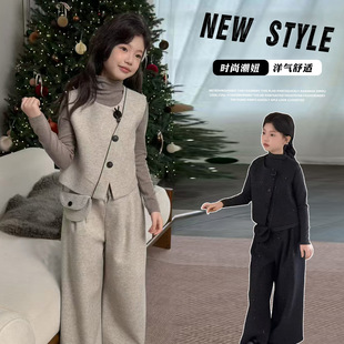 女童小香风撒银套装2026春装新款大童洋气时髦马甲阔腿裤三件套潮