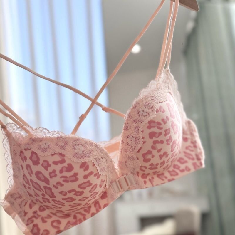 豹系美学 粉色豹纹前扣内衣女小胸聚拢显大无钢圈蕾丝美背文胸罩