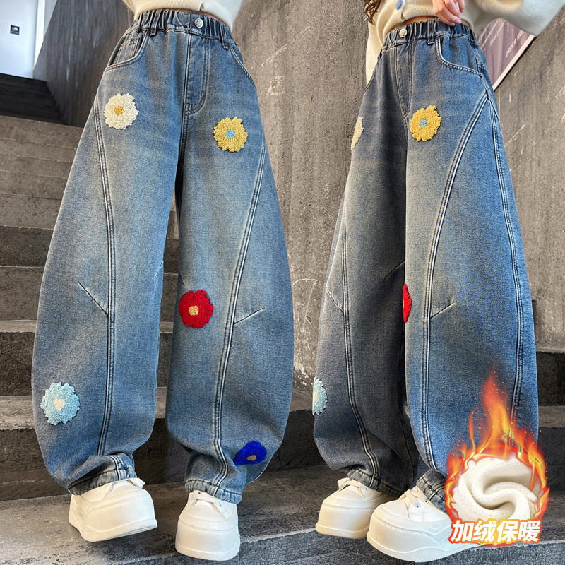 女童加绒牛仔裤一体绒冬季2025新款儿童裤子女孩大童秋冬款阔腿裤