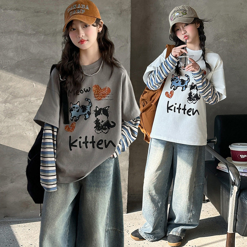 女童T恤长袖2026新款儿童春装打底时髦假两件纯棉春秋宽松体恤上