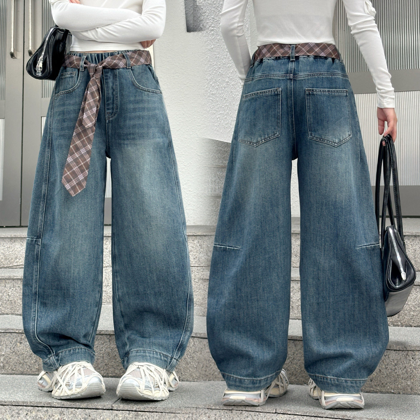 女童加绒裤子秋冬季新款弯刀牛仔裤儿童春秋长裤中大童加厚阔腿裤